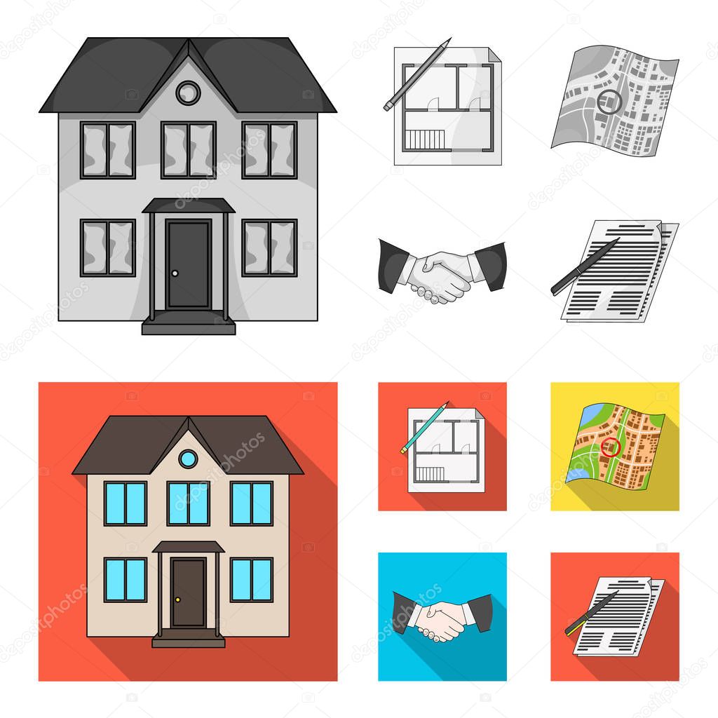 House plan, documents for signing, handshake, terrain plan. Realtor set collection icons in monochrome,flat style vector symbol stock illustration .
