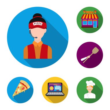 Pizza ve pizza düz simgeler set koleksiyonu tasarım için. Personel ve ekipman sembol stok web illüstrasyon vektör.