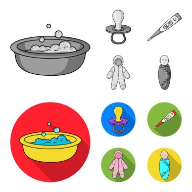 Emzik, elektronik termometre, Çocuk tulumları, çocuk bezi. Bebek set simgeler tek renkli, düz stil vektör simge stok çizim web tarihi..