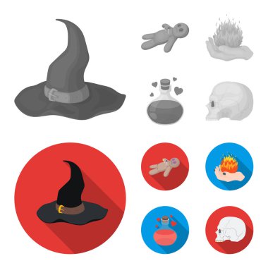 Bir Vudu bebeği, büyülü bir yangın, aşk iksiri, bir kafatası. Siyah ve beyaz büyü toplama simgeler tek renkli, düz stil vektör simge stok çizim web ayarla..