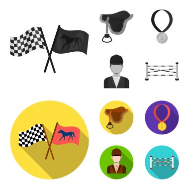 Eyer, madalya, şampiyon, kazanan. Hipodrom ve at tek renkli, düz stil vektör simge stok çizim web simgeler ayarla.