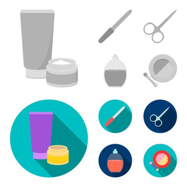 Tırnak törpüsü, makaslar, çivi, parfüm, pudra fırçası ile için. Makyaj toplama simgeler tek renkli, düz stil vektör simge stok çizim web ayarla..