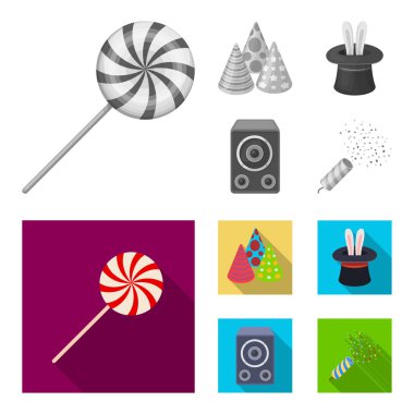 Hileci, müzik ve diğer aksesuarlar partide. Parti ve partits tek renkli, düz stil vektör simge stok çizim web simgeler ayarla.