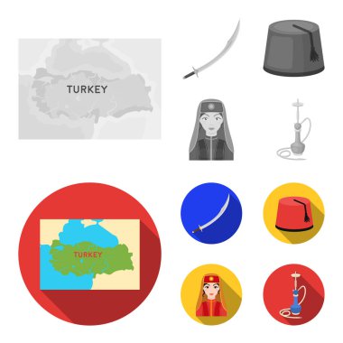 Türk fez, yatogan, Türk, nargile. Türkiye'nin tek renkli, düz stil vektör simge stok çizim web simgeler ayarla.