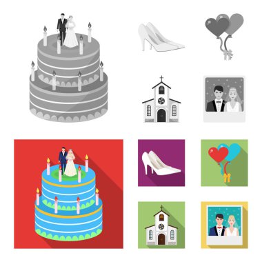 Düğün ve öznitelikleri çizgi film, düz, anahat, siyah simgeler set koleksiyonu tasarım için. Sembol stok web illüstrasyon vektör yeni evliler ve aksesuarları.