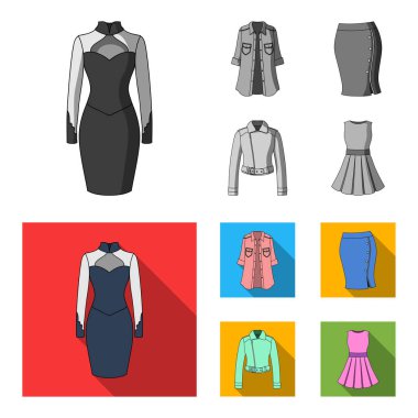 Kadın giyim siyah-beyaz düz set koleksiyonu tasarım için simgeler. Sembol stok web illüstrasyon vektör giyim çeşitleri ve aksesuarlar.