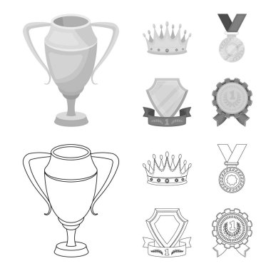 Gümüş bir kupa ile elmas, bir Madalyası ödüllü, altın bir işareti kırmızı kurdele ile altın bir taç. Ödülleri ve kupa toplama simgeler anahat, tek renkli stil vektör simge stok illüstrasyon ayarla