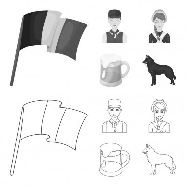 Ulusal bayrak, Belçikalılar ve ülkenin diğer simgeler. Belçika toplama simgeler anahat, tek renkli stil vektör simge stok çizim web ayarla..