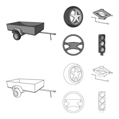 Karavan, tekerlek lastiği ile kapak, mekanik jack, direksiyon simidi, toplama simgeler anahat, tek renkli stil vektör simge stok çizim web araba ayarlamak.
