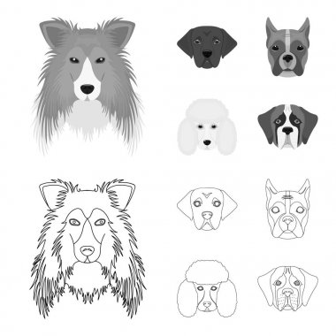 Farklı doğurmak-in köpek ağızlık. Kömür ocağı doğurmak köpek, lobladore, fino köpeği, boksör anahat, tek renkli stil vektör simge stok çizim web simgeler ayarla.