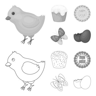 Paskalya kek, tavuk, kelebek ve tebrik oturum açın. Paskalya toplama simgeler anahat, tek renkli stil vektör simge stok çizim web ayarla..
