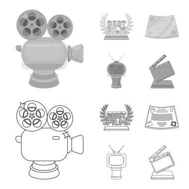 Gümüş fotoğraf makinesi. Bir Tv şeklinde ve başka ödüller bronz ödül. Film Ödülü, sset toplama simgeler anahat, tek renkli stil vektör simge stok çizim web.