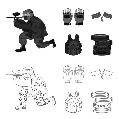 Spor, oyun, paintball, rekabet. Paintball toplama simgeler anahat, tek renkli stil vektör simge stok çizim web ayarla..