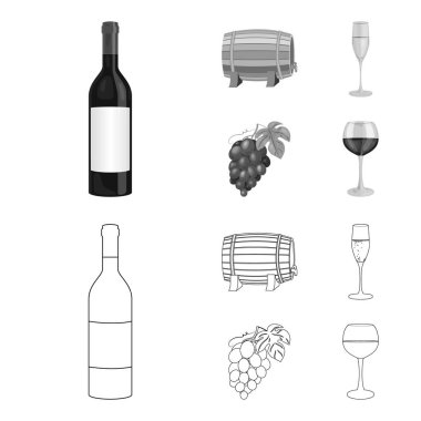 Bir şişe kırmızı şarap, şarap varil, bir kadeh şampanya, bir grup. Şarap üretimi toplama simgeler anahat, tek renkli stil vektör simge stok çizim web ayarla..