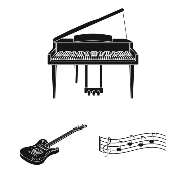 Instrumento musical ícones pretos na coleção de conjuntos para design. Instrumento de corda e vento isométrico vetor símbolo web ilustração . — Vetor de Stock