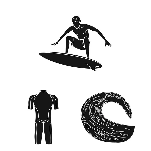 Surfen en extreme zwarte pictogrammen in set collectie voor design. Surfer en accessoires vector symbool voorraad web illustratie. — Stockvector