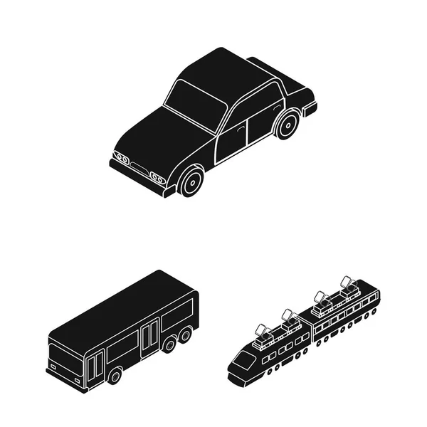 Diferentes tipos de ícones pretos de transporte na coleção de conjuntos para design. Carro e navio isométrico símbolo vetor web ilustração . —  Vetores de Stock