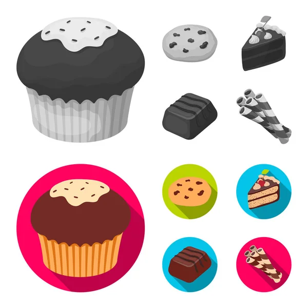 Американское печенье, кусок торта, конфеты, вафельные трубочки. Шоколадные десерты набор иконок коллекции в монохромный, плоский стиль векторных символов иконок . — стоковый вектор