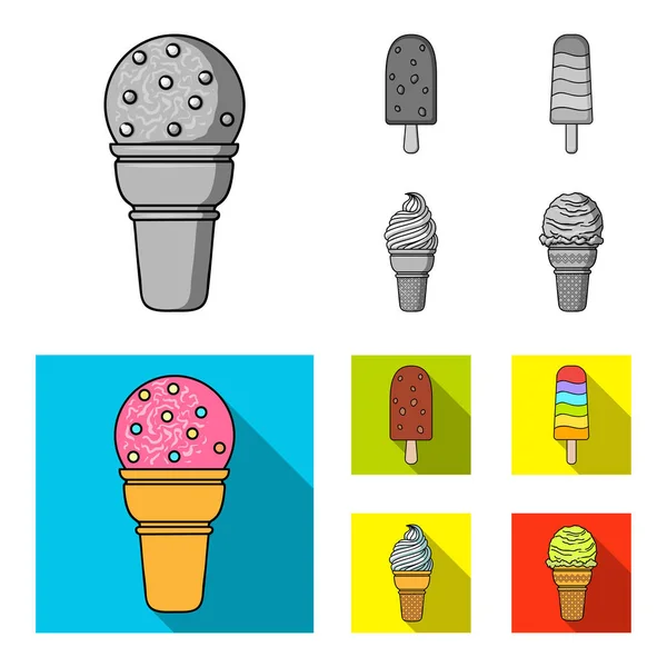 Fagylalt a bottal, egy waffle kúp és más fajok. Ice cream készlet gyűjtemény ikonok fekete-fehér, lapos stílusú vektor szimbólum stock illusztráció web. — Stock Vector