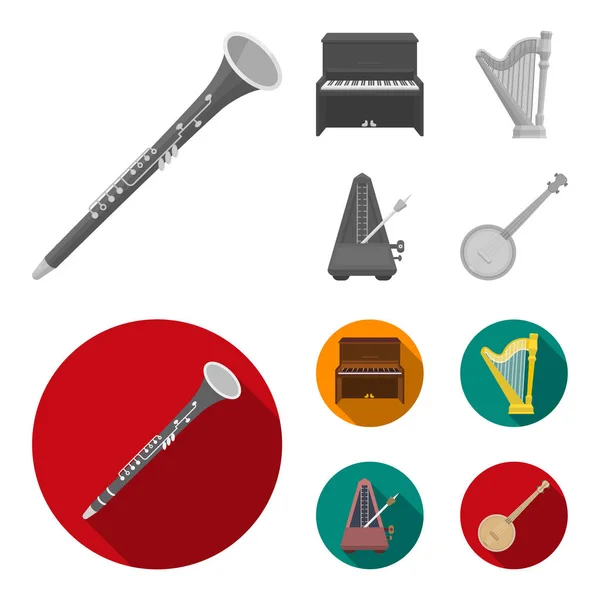 Banjo, klavír, harfa, metronom. Hudební nástroje sada kolekce ikon v černobíle, plochý vektor symbol akcií ilustrace web. — Stockový vektor