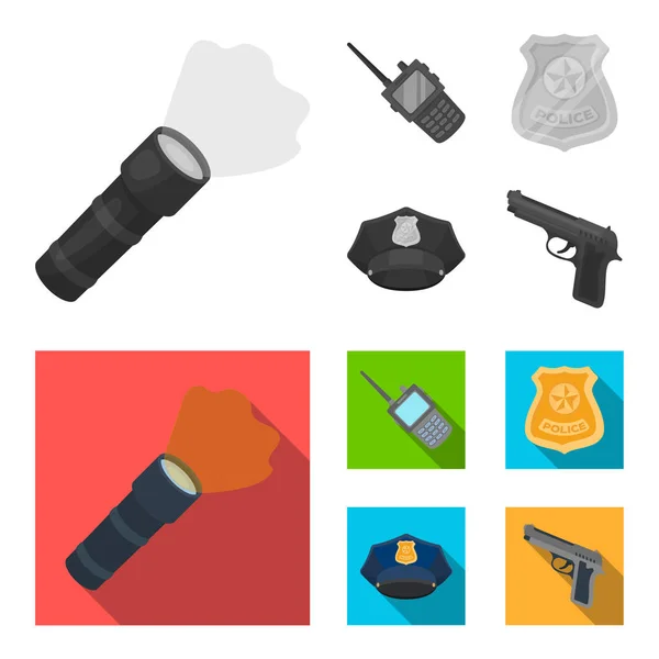 Rádio, emblema de policial, boné uniforme, pistola. Ícones de coleção de conjuntos de polícia em monocromático, estilo plano símbolo vetorial ilustração web . —  Vetores de Stock