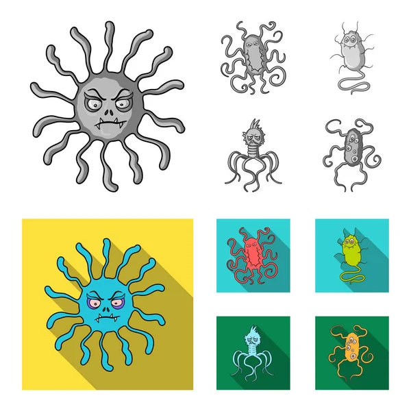 Diferentes tipos de microbios y virus. Los virus y bacterias establecen iconos de colección en monocromo, vector de estilo plano símbolo stock ilustración web . — Archivo Imágenes Vectoriales