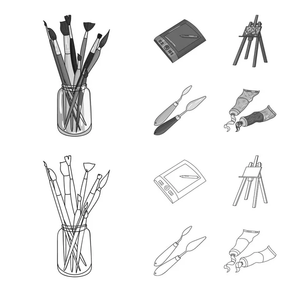 Bank med penslar, en ritbordet, ett staffli med en duk, färg knivar. Konstnären och ritning set samling ikoner i disposition, svartvit stil vektor symbol stock illustration web. — Stock vektor