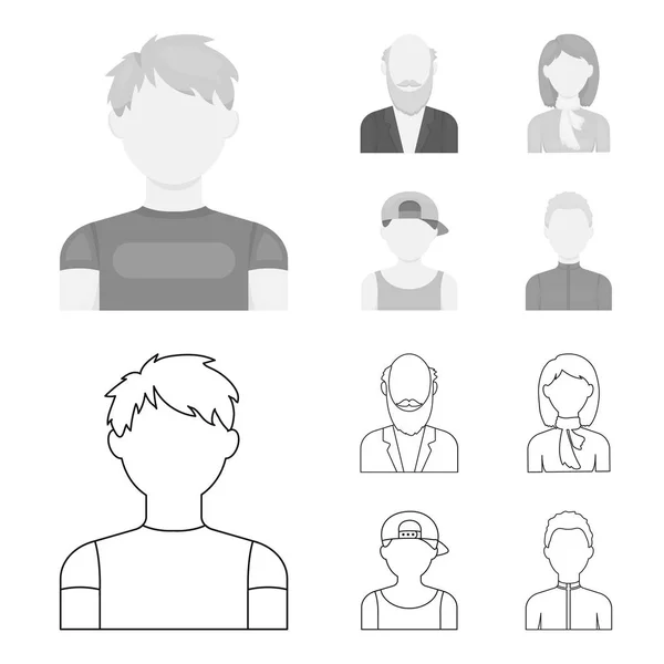 Boy in a cap, redheaded teenager, grandfather with a beard, a woman.Avatar set collection icons in outline,monochrome style vector symbol stock illustration web. — Stock Vector