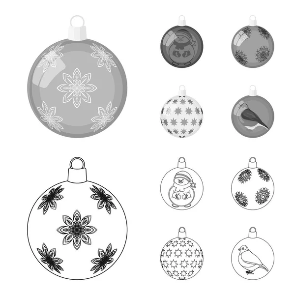 Neujahr Spielzeug Umriss, monochrome Symbole in Set-Kollektion für Design. Weihnachtskugeln für ein Baumsymbol Stock Web-Illustration. — Stockvektor