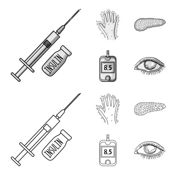 Spruta med insulin, bukspottkörteln, Glukometer, hand diabetiker. Diabet ställa samling ikoner i disposition, svartvit stil vektor symbol stock illustration web. — Stock vektor