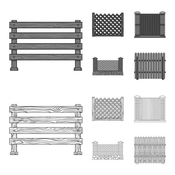 Metal ve tuğla, ahşap çit çit. Farklı bir çit toplama simgeler anahat, tek renkli stil vektör simge stok çizim web ayarla..