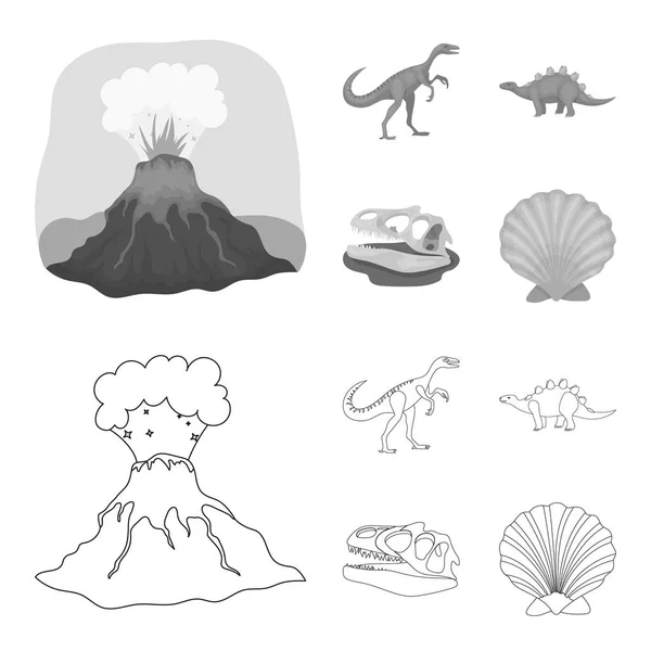 Sopečné erupce, gallimimus, stegosaurus, dinosauří lebku. Dinosaurus a prehistorické období sada kolekce ikon v osnově, monochromatické stylu vektor symbol akcií ilustrace web. — Stockový vektor