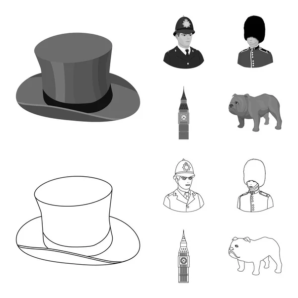 Angleterre, gentleman, chapeau, officier .England pays mis icônes de collection dans les grandes lignes, monochrome style vectoriel symbole illustration web . — Image vectorielle