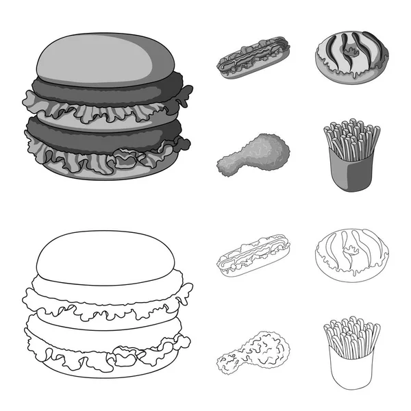Makanan cepat saji, makanan, dan ikon web lainnya dalam garis besar, gaya monokrom. Hamburger, bun, tepung, ikon dalam koleksi set . - Stok Vektor