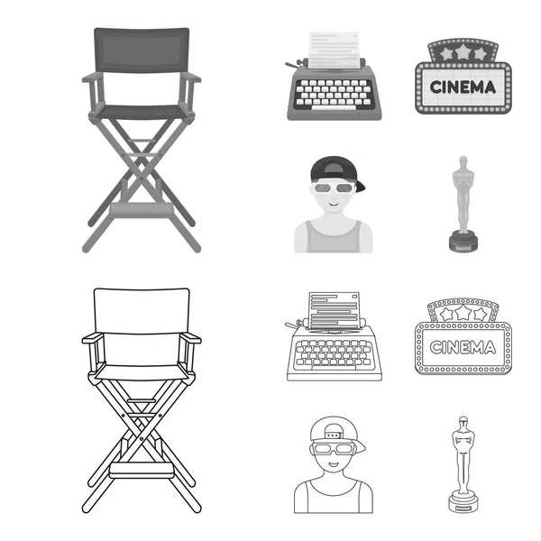 导演, 打字机, 电影招牌, 电影人的椅子。电影和电影院集合图标的轮廓, 单色风格矢量符号股票插画网站. — 图库矢量图片