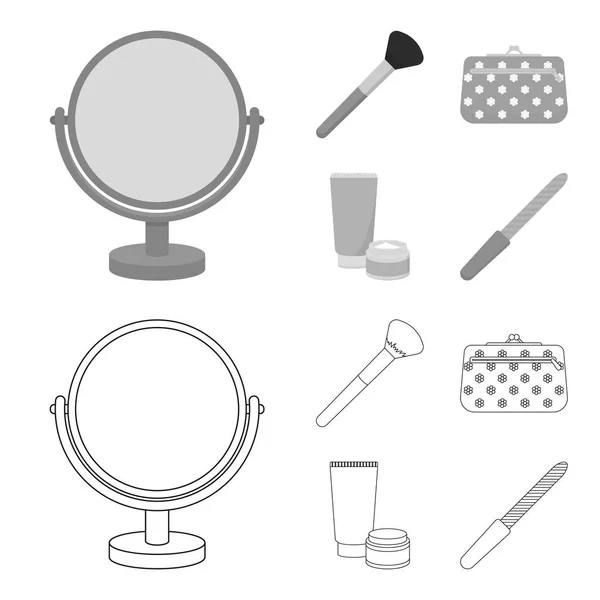 Table mirror, cosmetic bag, face brush, body cream.Makeup set collection icons in outline,monochrome style vector symbol stock illustration web. — Stock Vector