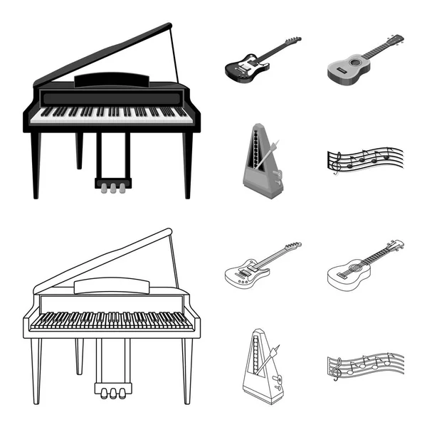 Esboço de instrumento musical, ícones monocromáticos na coleção de conjuntos para design. Instrumento de corda e vento isométrico vetor símbolo web ilustração . —  Vetores de Stock