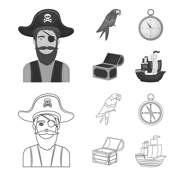 Pirata, bandido, sombrero, vendaje .Pirates conjunto de iconos de la colección en el contorno, el estilo monocromo vector símbolo stock illustration web . — Vector de stock