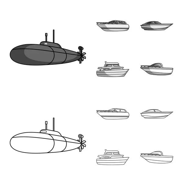 軍の潜水艦、スピード ボート、遊覧船、精神のボート。船と水の輸送は、アウトライン、モノクロ スタイル ベクトル シンボル ストック イラスト web でコレクション アイコンを設定. — ストックベクタ