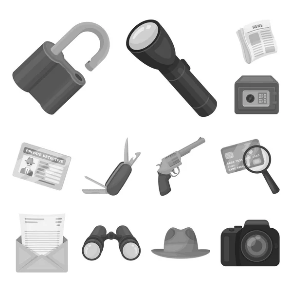 Detective y atributos iconos monocromáticos en la colección de conjuntos para design.Detective Agencia vector símbolo stock web ilustración . — Vector de stock