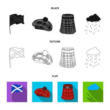 Bayrak, İskoç eteği, yağışlı hava, cap. İskoçya ülke koleksiyonu Icons set siyah, düz, anahat stili vektör simge stok çizim web.