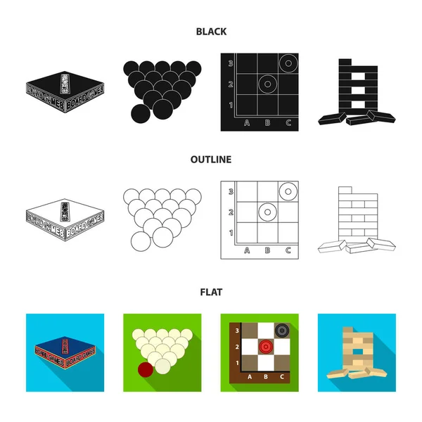 Brettspiel schwarz, flach, Umrisssymbole in Set-Kollektion für Design. Spiel und Unterhaltung Vektor Symbol Stock Web Illustration. — Stockvektor