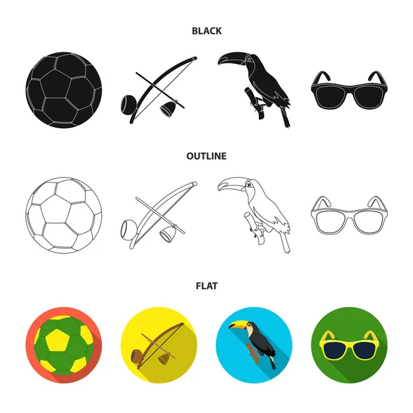 国, ボール, サッカー、ブラジル。ブラジル国はブラック、フラット、アウトライン スタイルのベクトル シンボル ストック イラストの web コレクションのアイコンを設定. — ストックベクタ