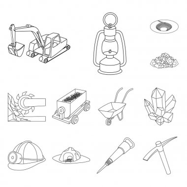 Madencilik Sanayi anahat simgeleri set koleksiyonu tasarım için. Cihazlar ve sembol stok web illüstrasyon vektör.