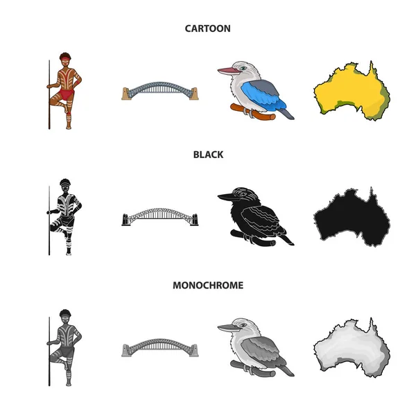 Aborygen z włócznią, Sydney Harbour Bridge, kookabarra na oddział, na terytorium kraju. Australia zestaw kolekcji ikon w www czas ilustracja kreskówka, czarny, monochromatyczne styl wektor symbol — Wektor stockowy