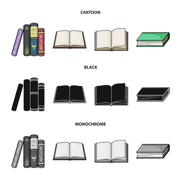 Különböző típusú könyvek. Könyveket gyűjtemény ikonok településen, rajzfilm, fekete, fekete-fehér stílus vektor szimbólum stock illusztráció web. — Stock Vector