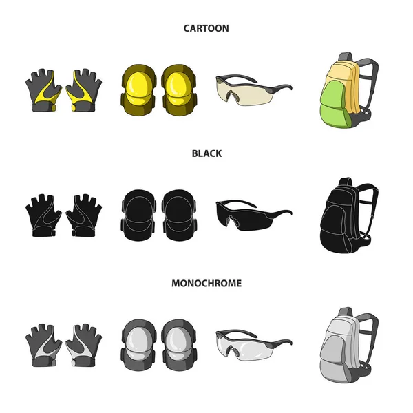 手套, 肘垫, 护目镜, 自行车背包。自行车套装集合图标在卡通, 黑色, 单色风格矢量符号股票插画网站. — 图库矢量图片