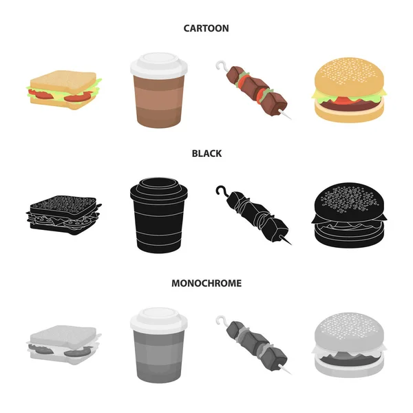 Smörgås, kaffe, shish kebab, hamburgare. Snabbmat som samling ikoner i tecknad, svart, svartvit stil vektor symbol stock illustration web. — Stock vektor