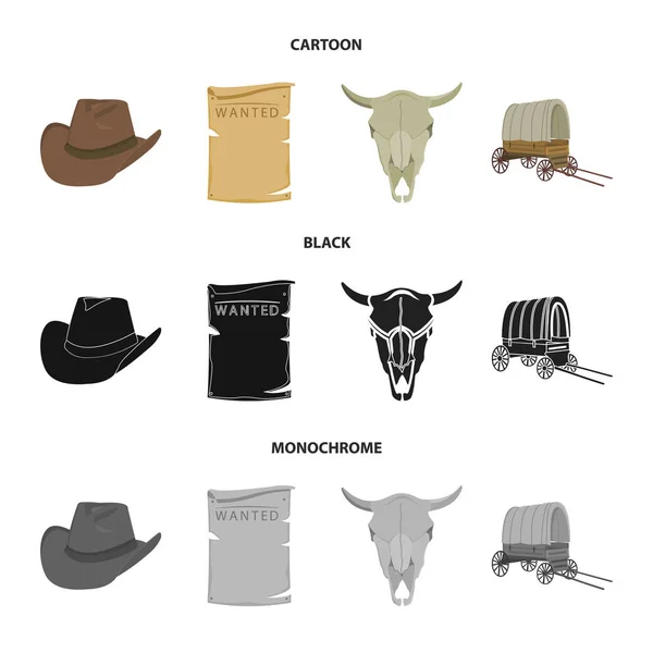 Sombrero de vaquero, es buscado, carro, cráneo de toro. Wild West conjunto de iconos de colección en dibujos animados, negro, estilo monocromo vector símbolo stock ilustración web . — Vector de stock