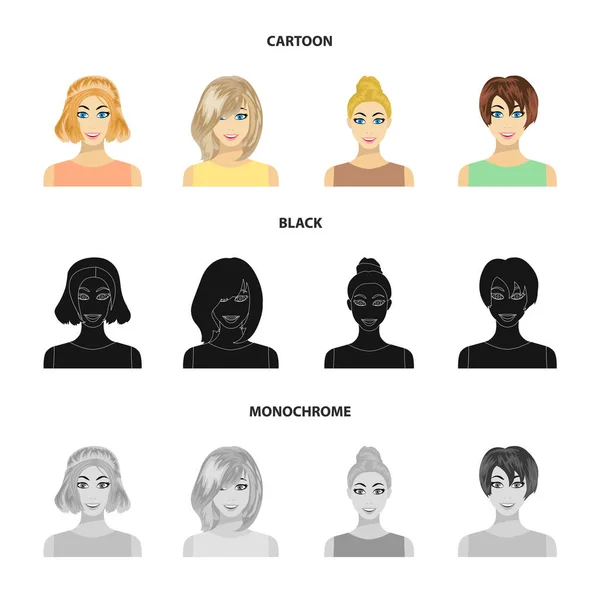 Types of female hairstyles cartoon, black, monochrome icons in set collection for design. Внешний вид веб-иллюстрации женского векторного символа . — стоковый вектор